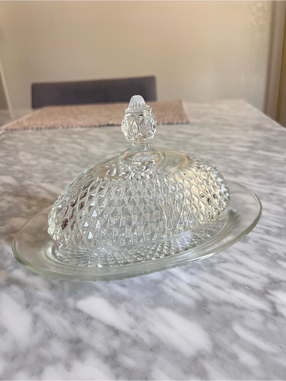 Vintage Clear Glass Covered Butter Dish with Diamond Pattern